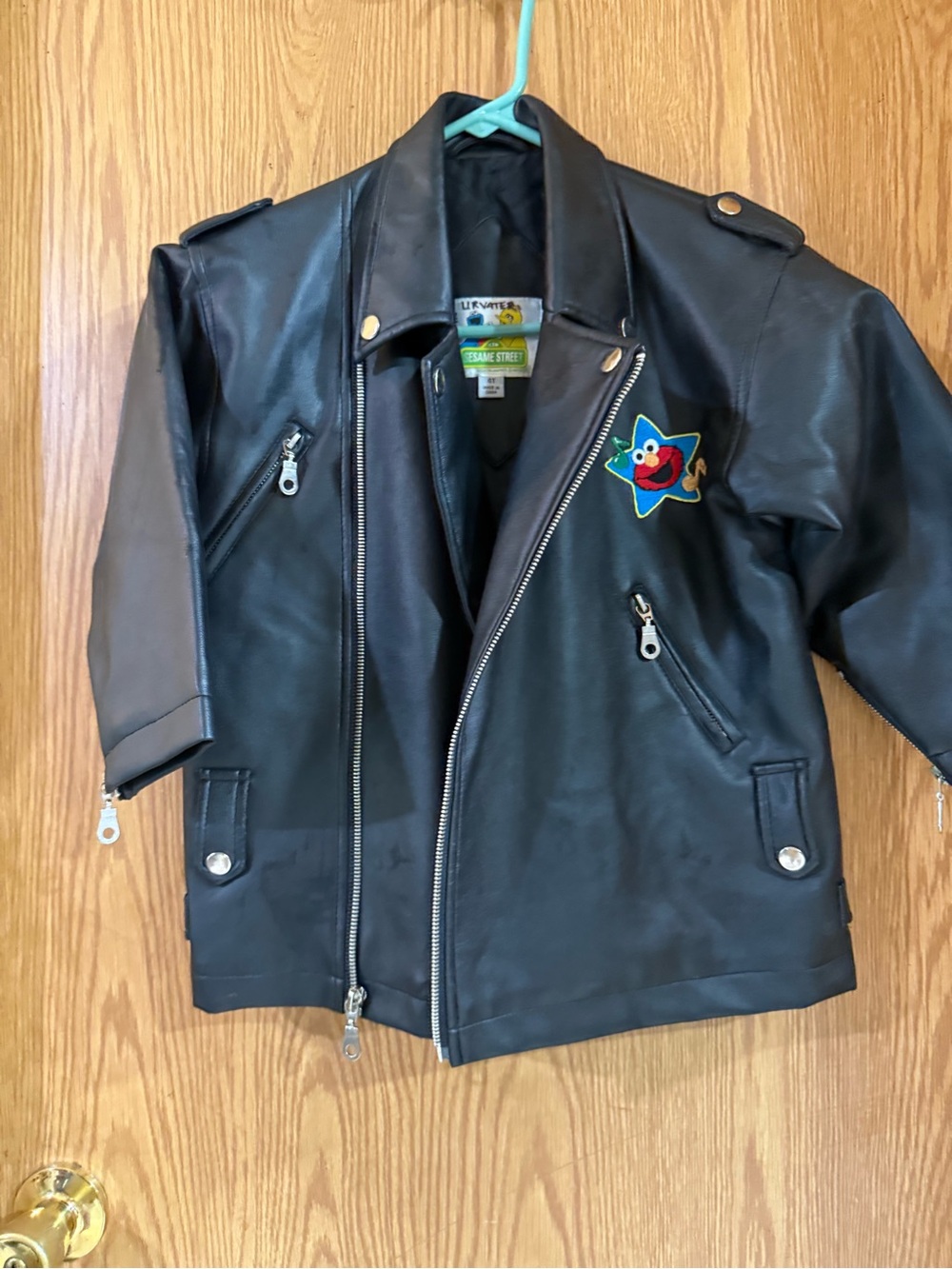 Sesame Street Black Faux Leather Kids Jacket with Elmo Star Patch